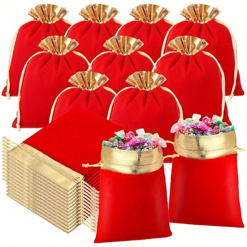 10pcs Velvet Cloth Drawstring Bags For Christmas Wedding Gift Candy Pouches, Upscale Small Wrap Bags For Jewelry Dice Party Favors Bags (Black&Red Multi-size) -Jewelry Making Display & Packaging Supplies