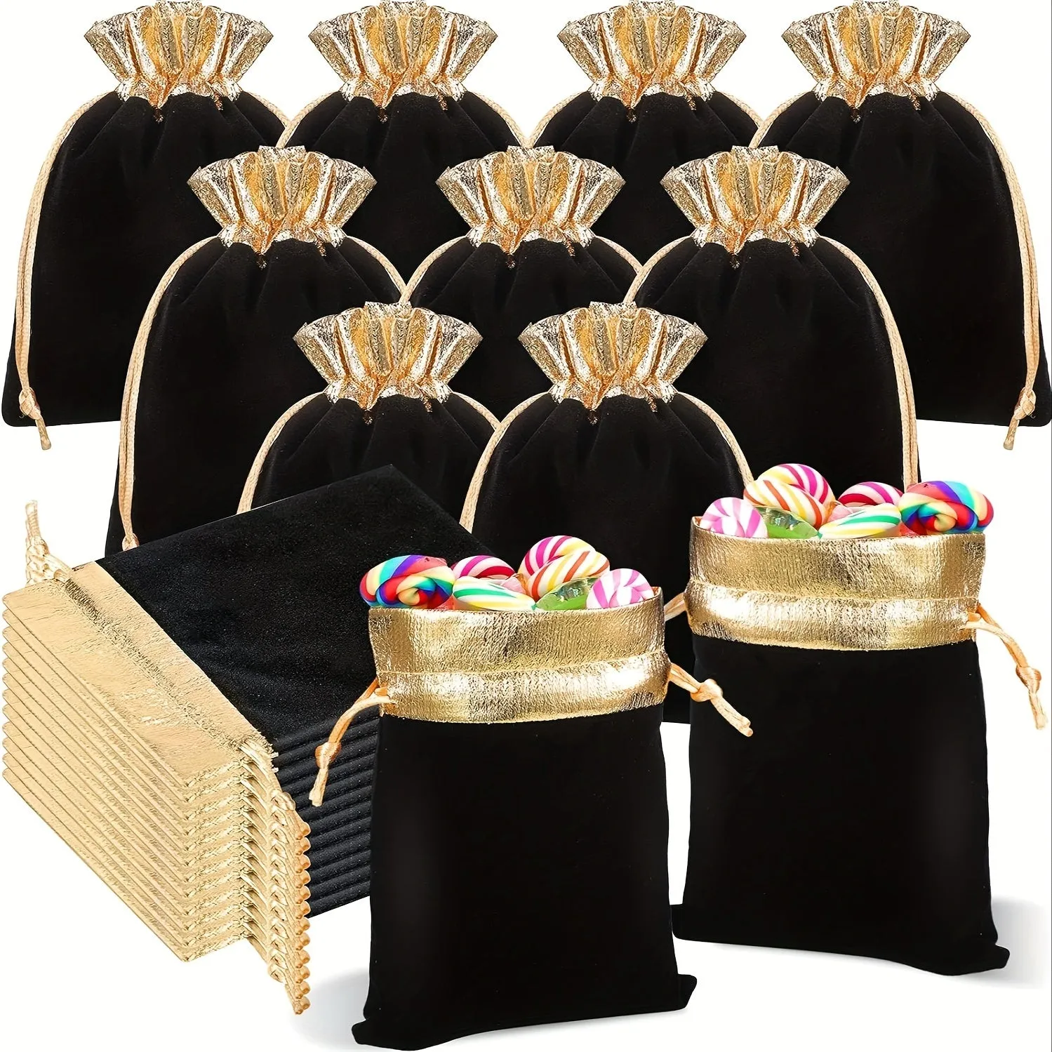 10pcs Velvet Cloth Drawstring Bags For Christmas Wedding Gift Candy Pouches, Upscale Small Wrap Bags For Jewelry Dice Party Favors Bags (Black&Red Multi-size) -Jewelry Making Display & Packaging Supplies