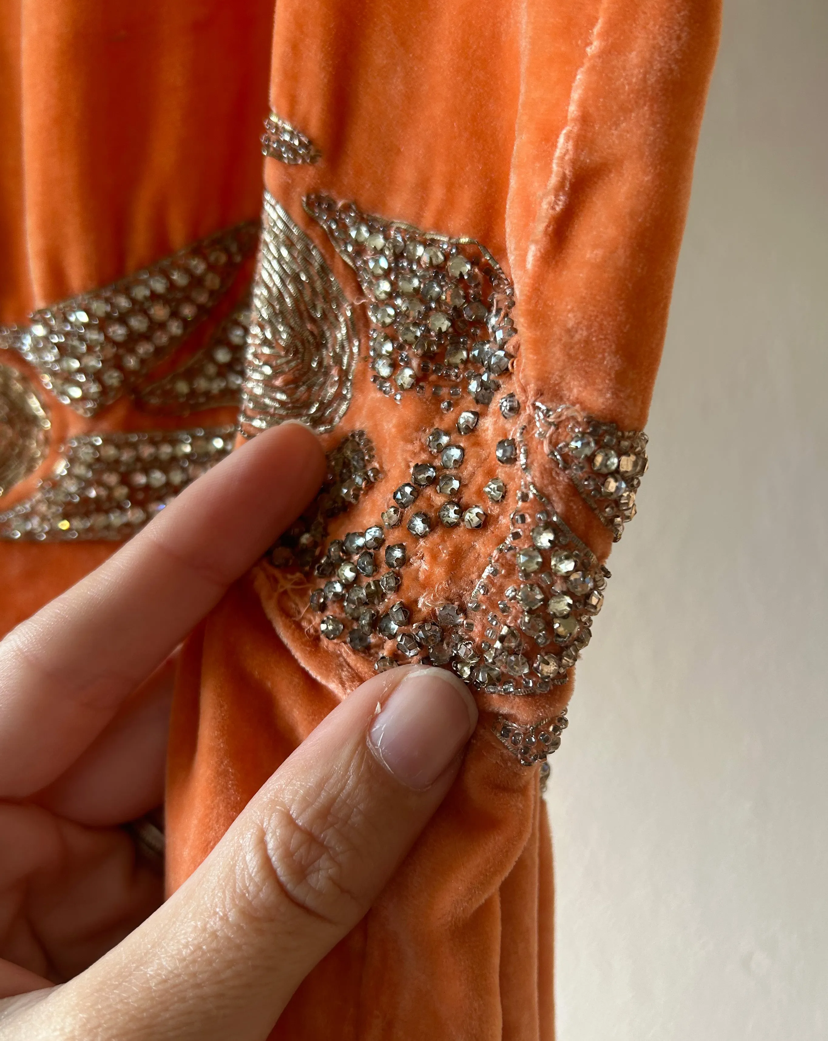 1920s beaded diamanté silk velvet gown . vintage 20s dress . size xs to small