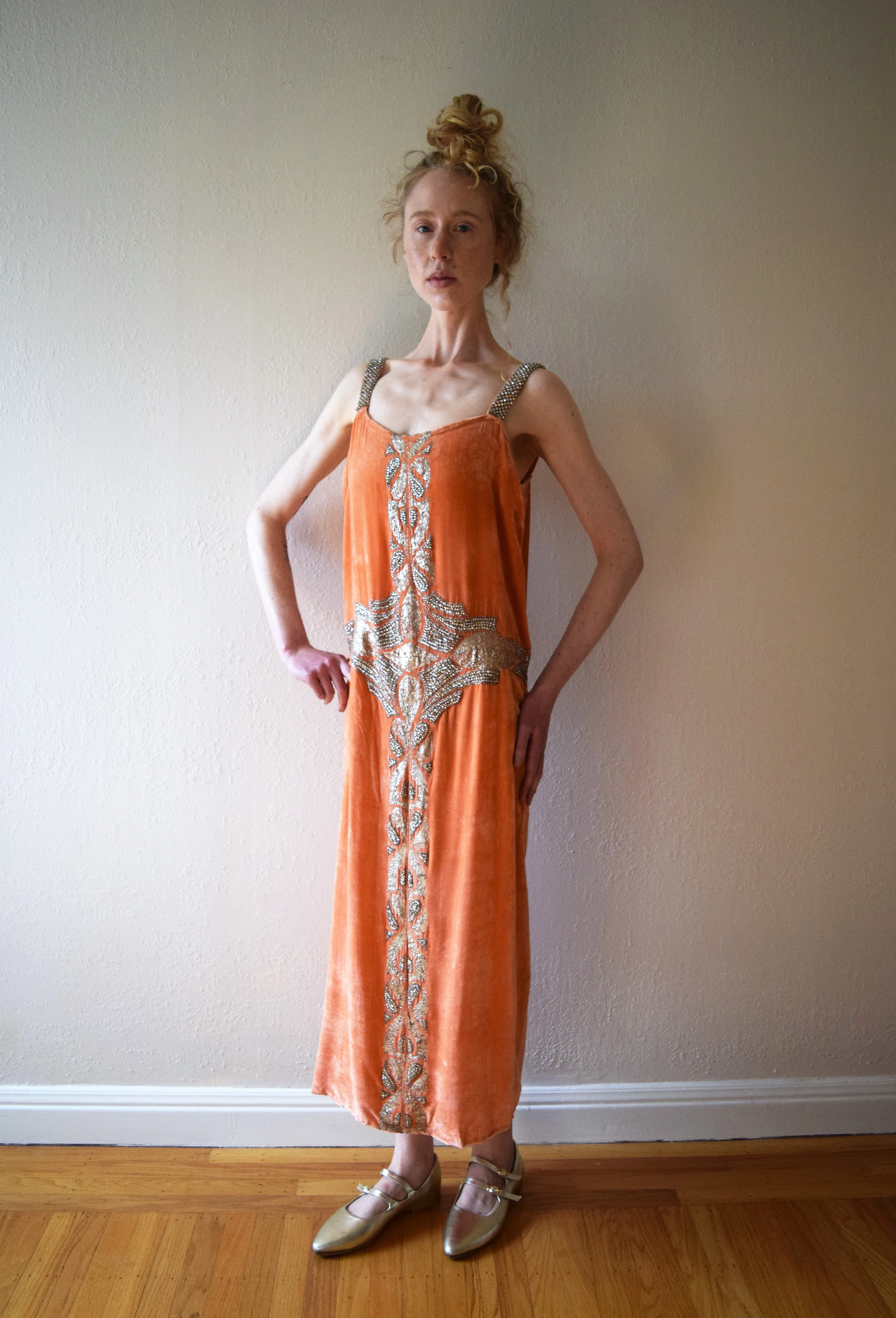 1920s beaded diamanté silk velvet gown . vintage 20s dress . size xs to small