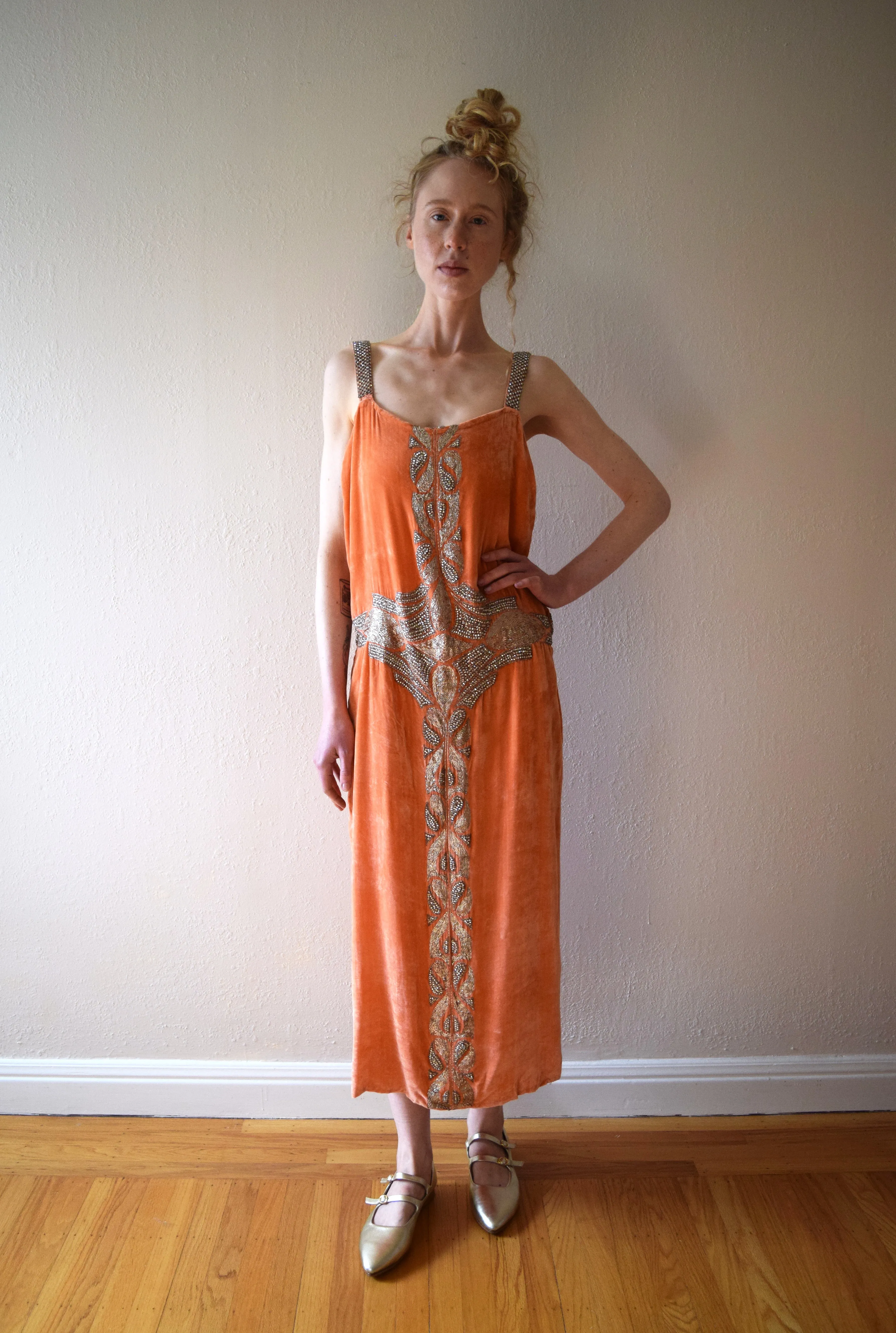 1920s beaded diamanté silk velvet gown . vintage 20s dress . size xs to small