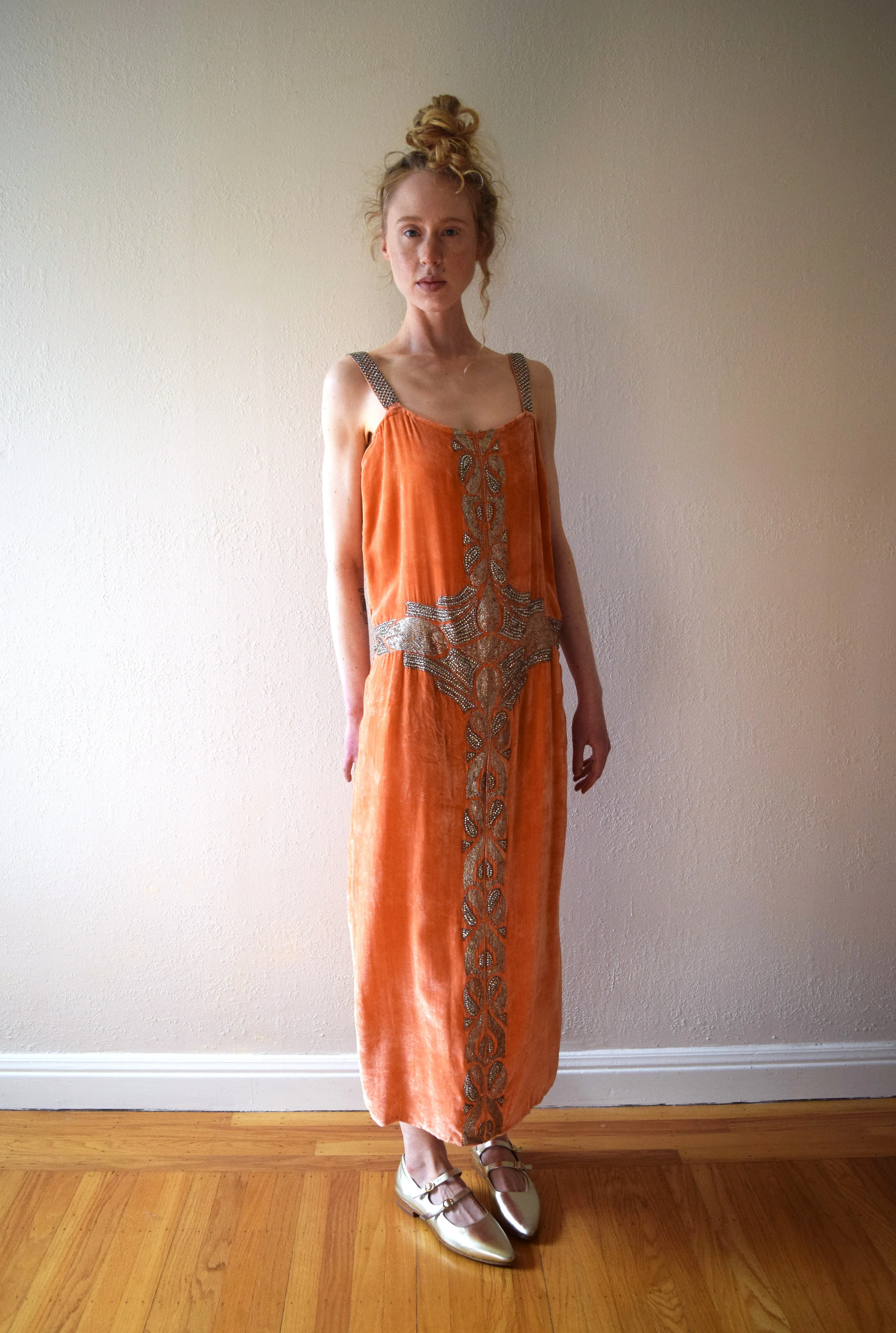 1920s beaded diamanté silk velvet gown . vintage 20s dress . size xs to small