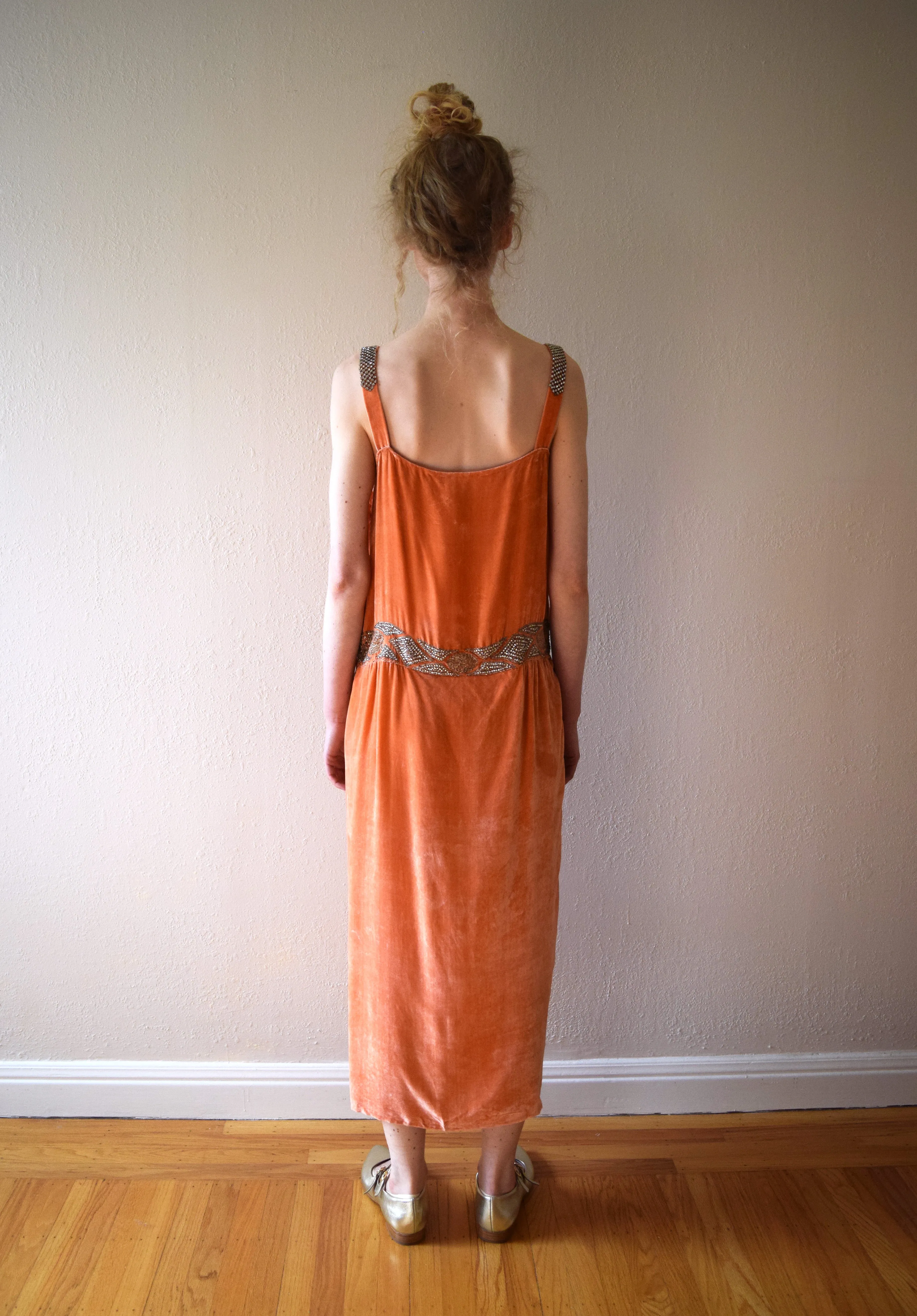 1920s beaded diamanté silk velvet gown . vintage 20s dress . size xs to small