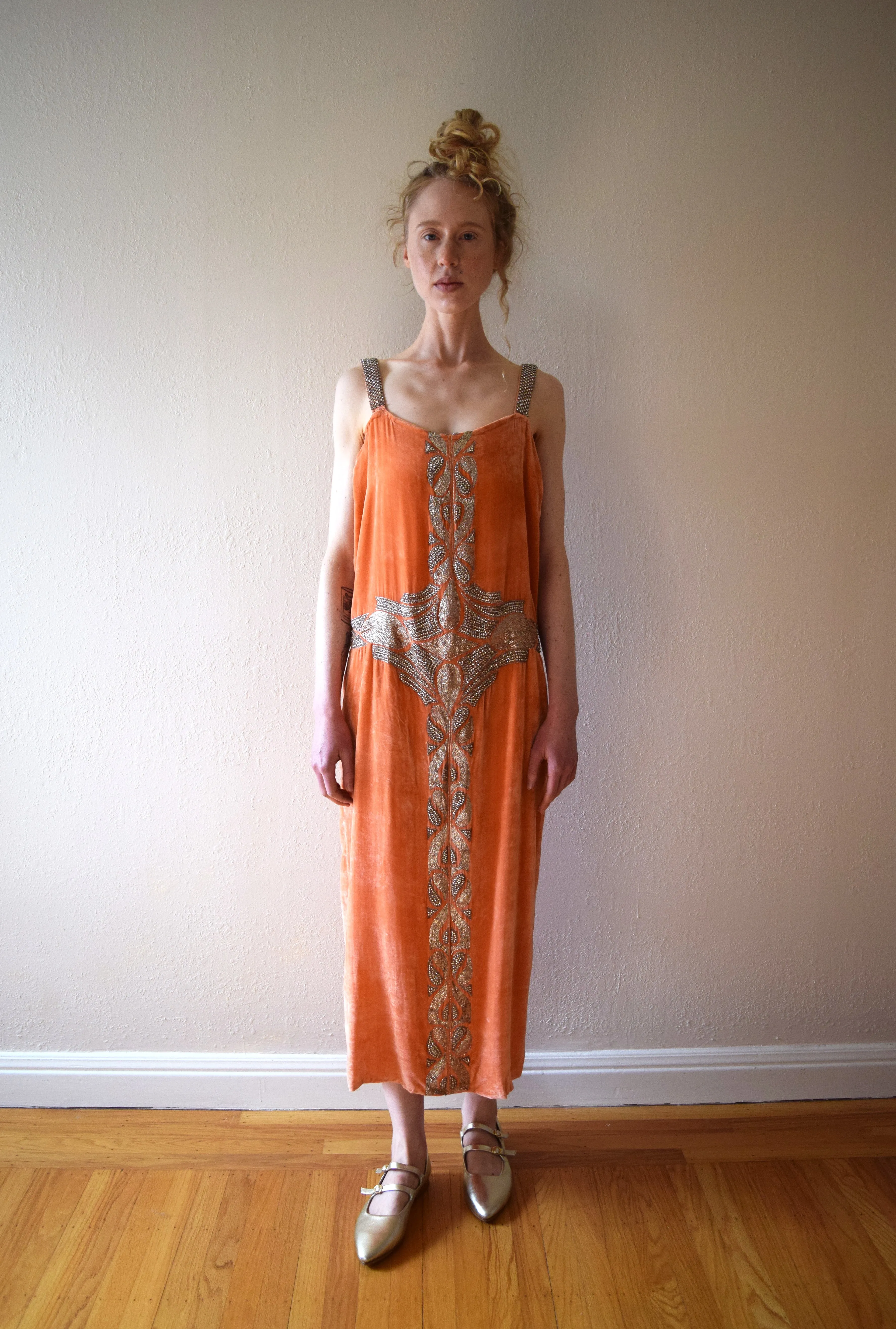 1920s beaded diamanté silk velvet gown . vintage 20s dress . size xs to small