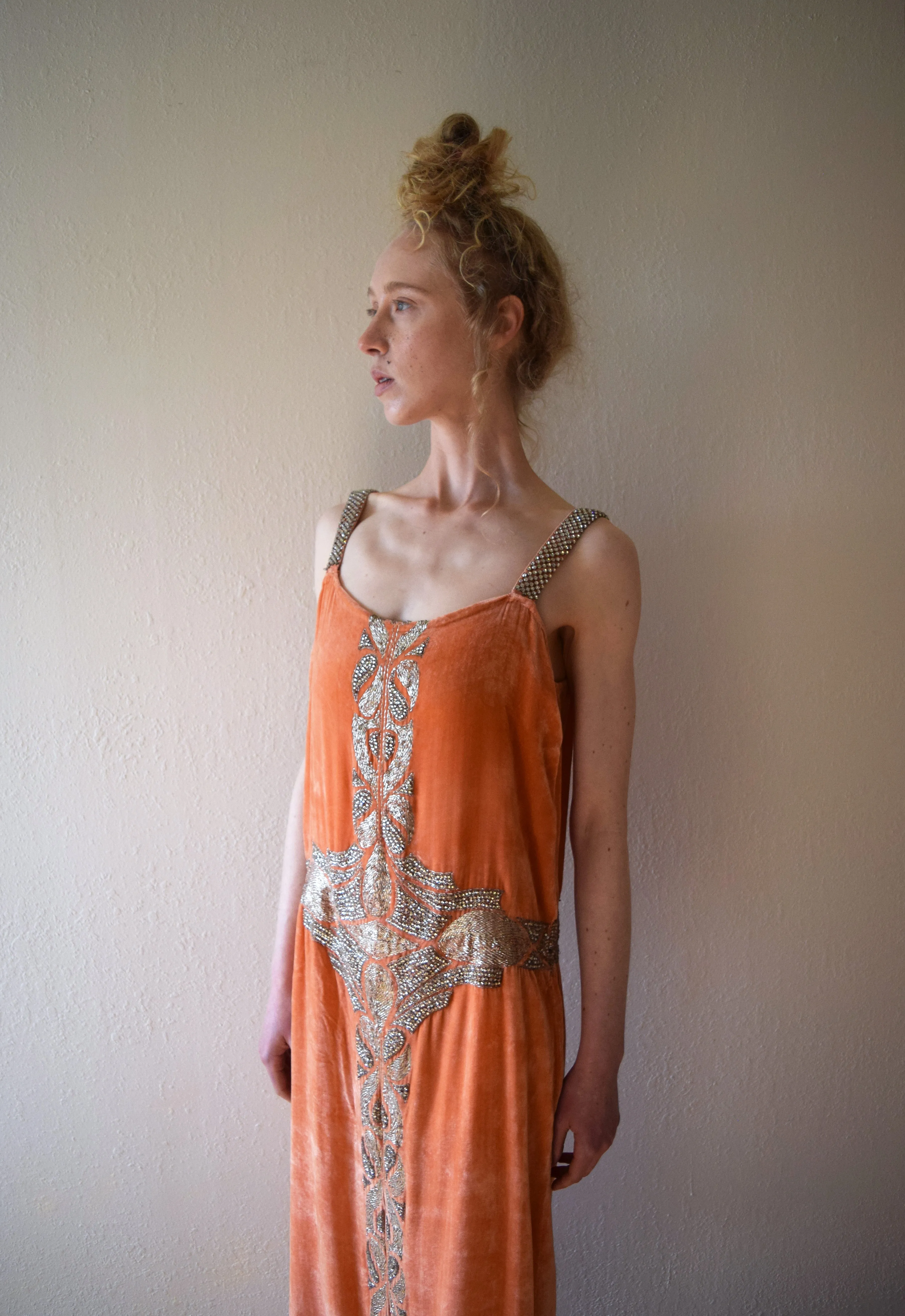 1920s beaded diamanté silk velvet gown . vintage 20s dress . size xs to small