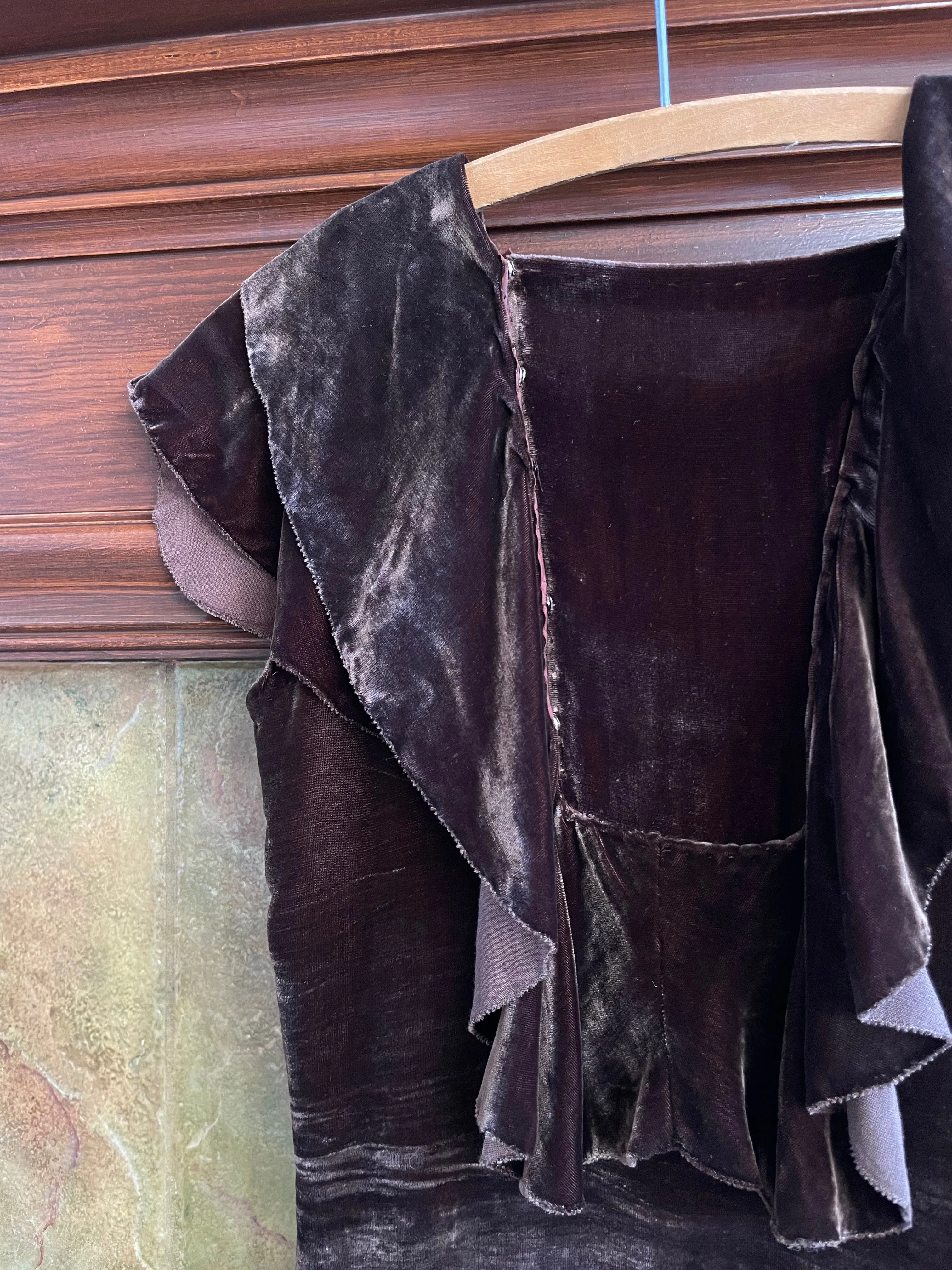1930s Chocolate Brown Tiered Ruffle Shoulder Silk Velvet Dress