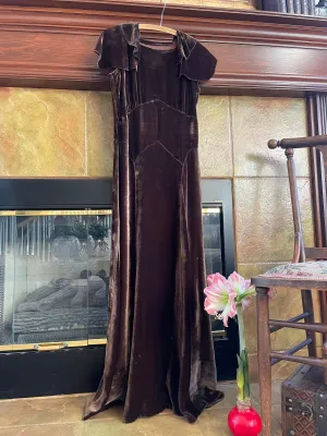 1930s Chocolate Brown Tiered Ruffle Shoulder Silk Velvet Dress