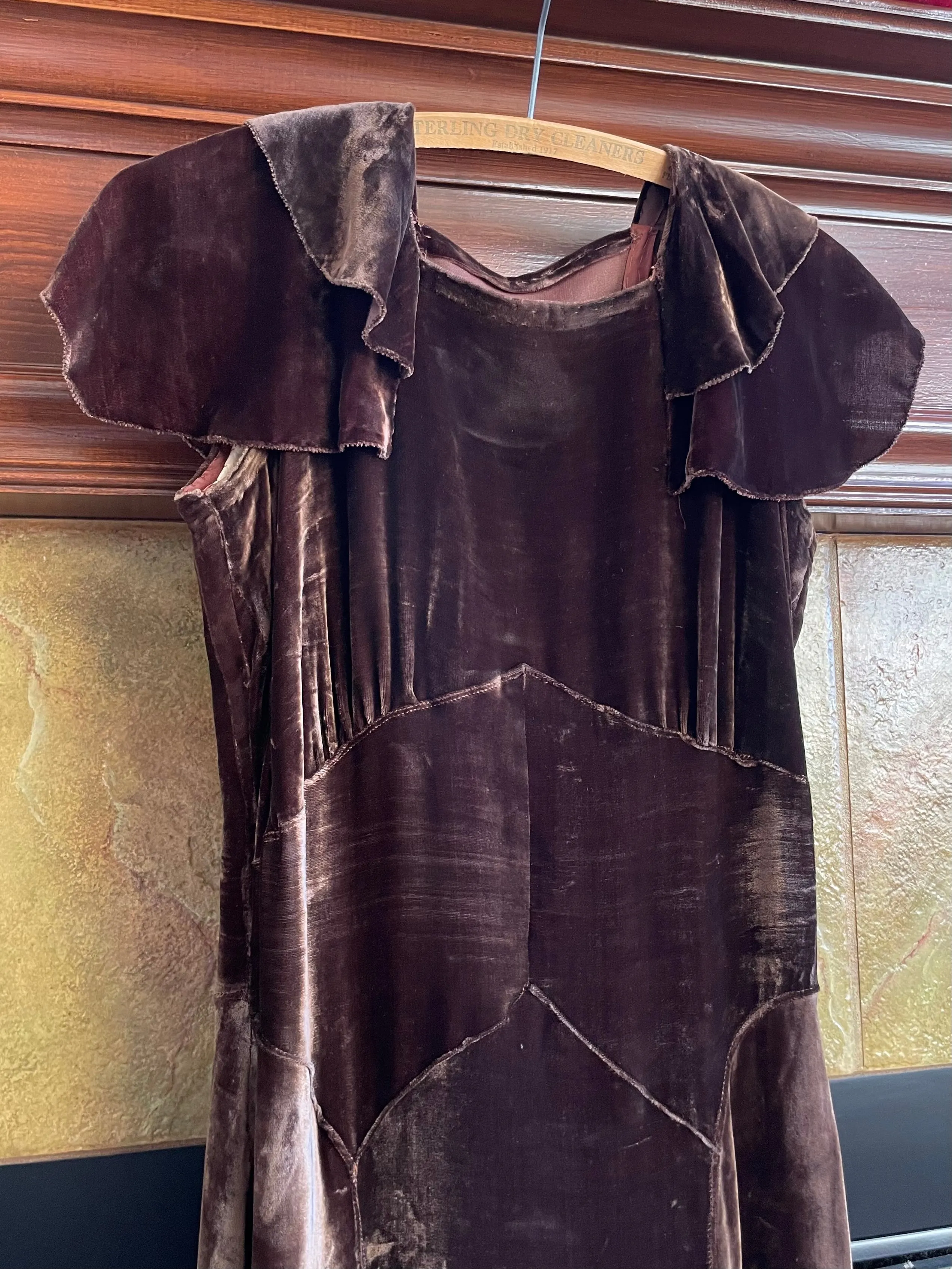 1930s Chocolate Brown Tiered Ruffle Shoulder Silk Velvet Dress