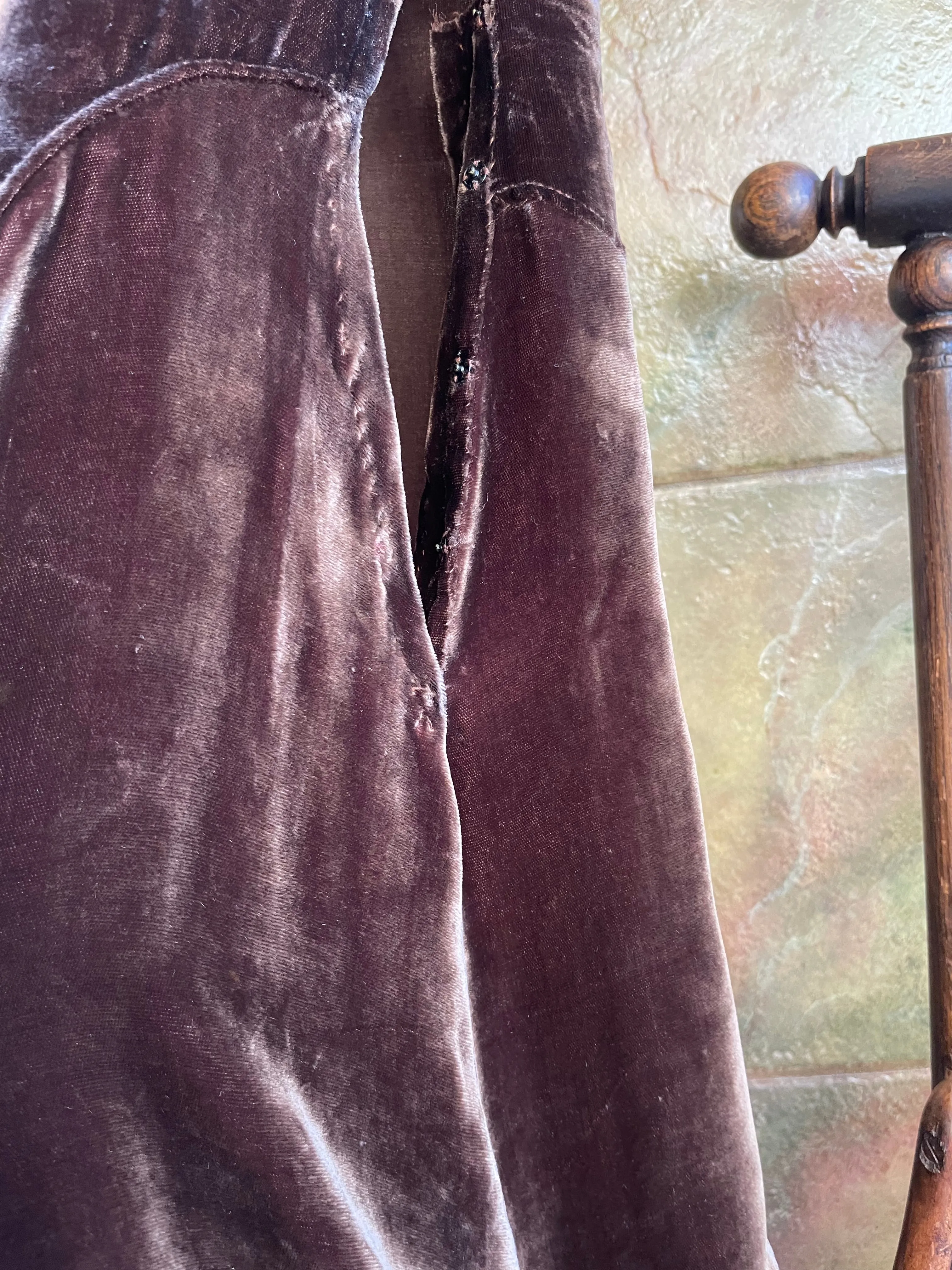 1930s Chocolate Brown Tiered Ruffle Shoulder Silk Velvet Dress