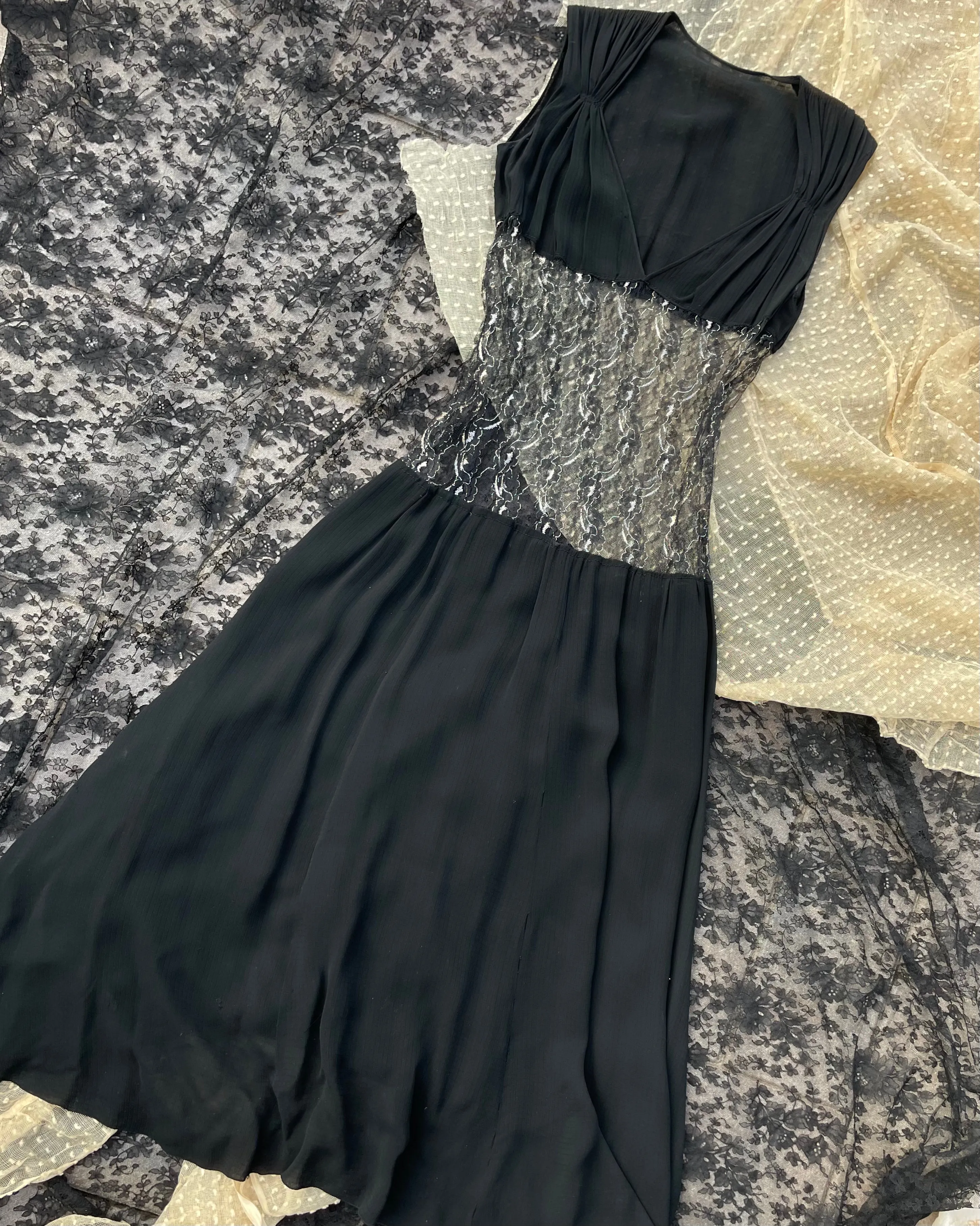 1930s Metallic Lace Sheer Midriff Gown