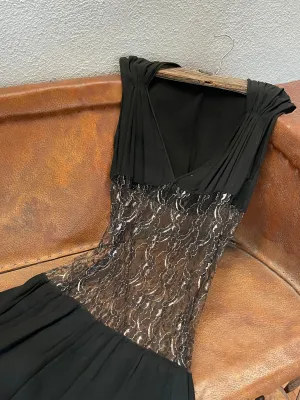 1930s Metallic Lace Sheer Midriff Gown