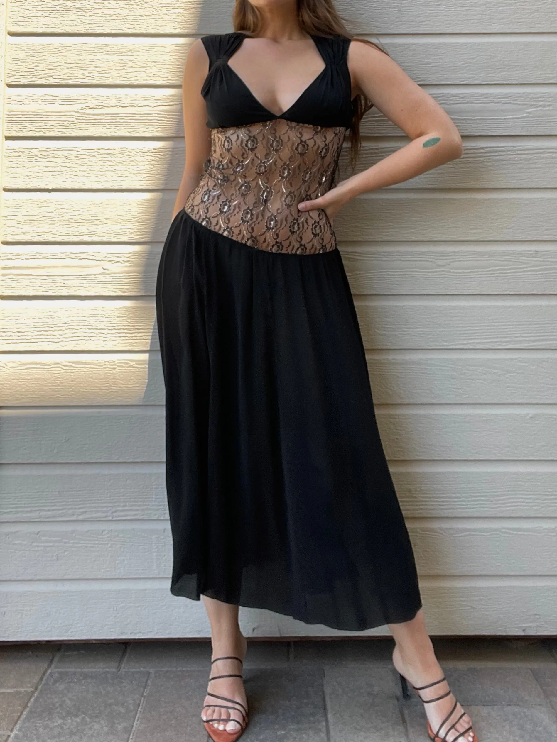 1930s Metallic Lace Sheer Midriff Gown