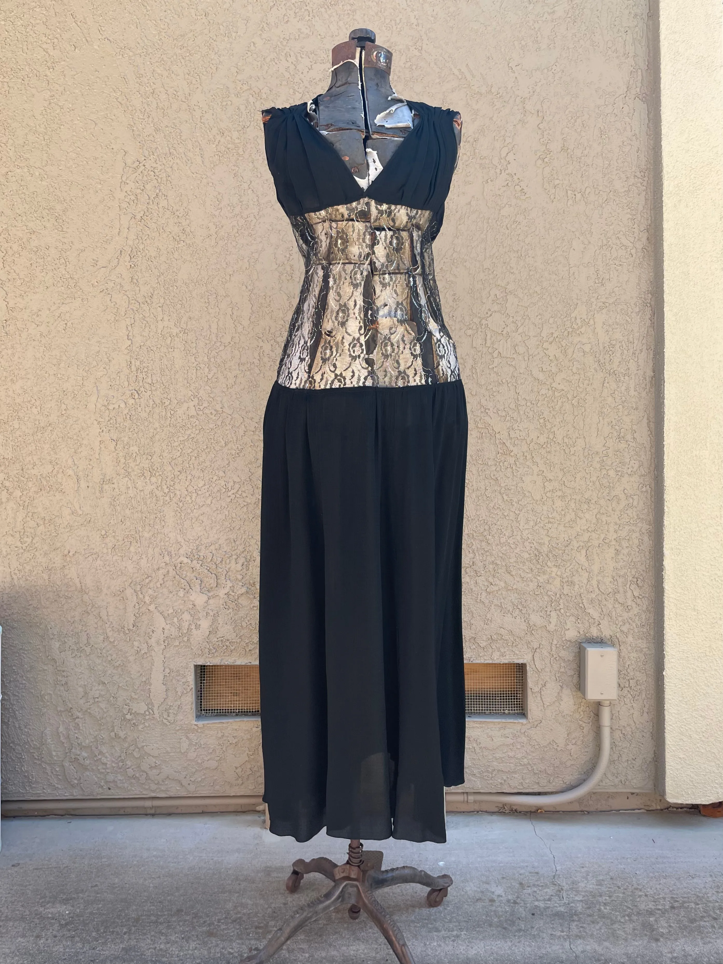 1930s Metallic Lace Sheer Midriff Gown