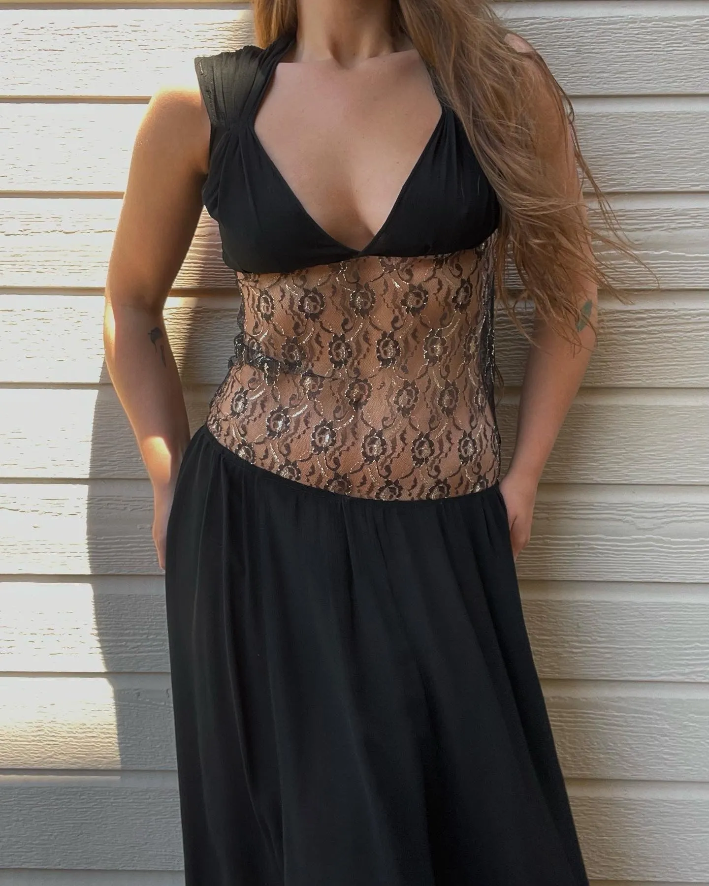 1930s Metallic Lace Sheer Midriff Gown