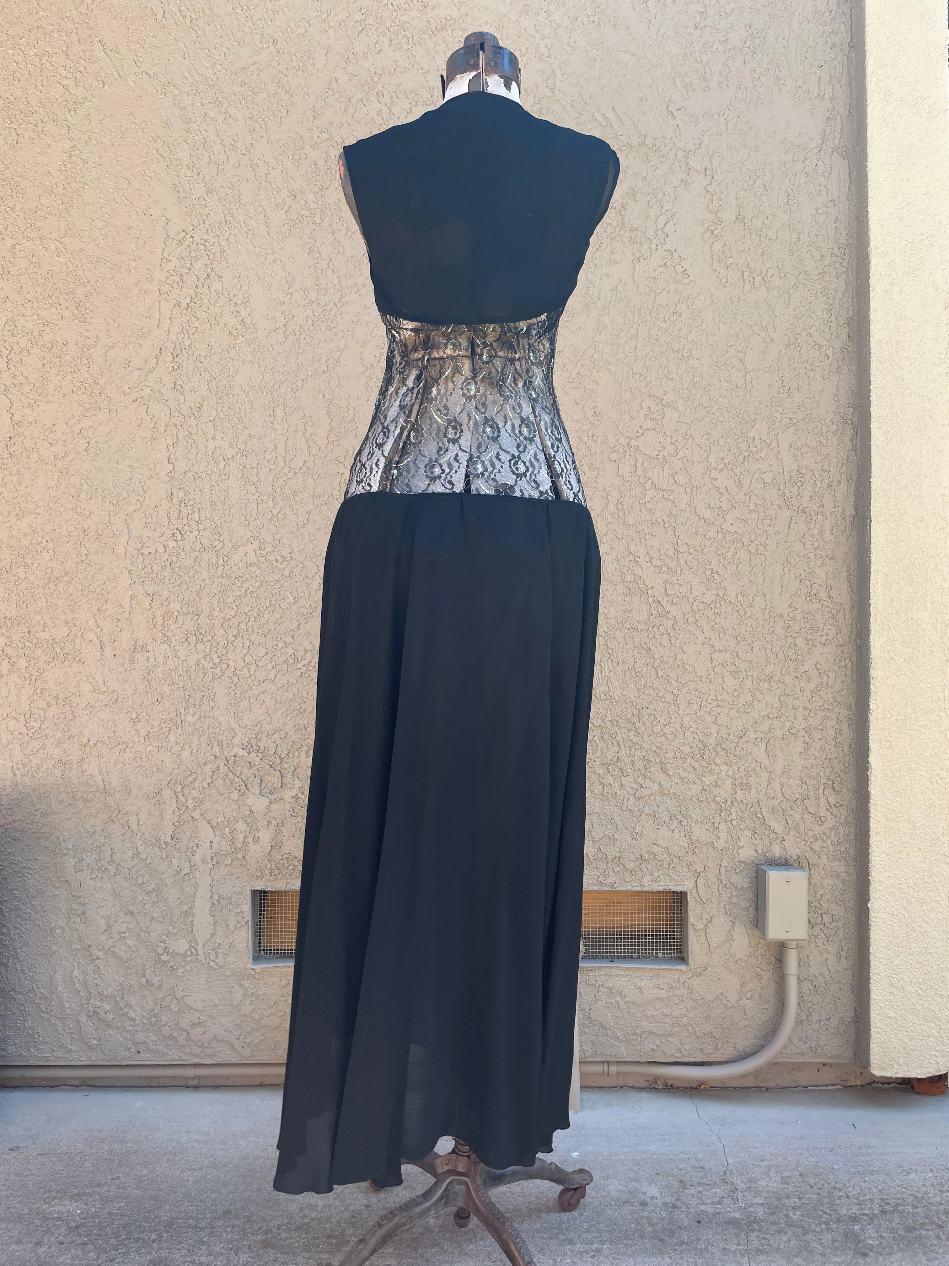 1930s Metallic Lace Sheer Midriff Gown