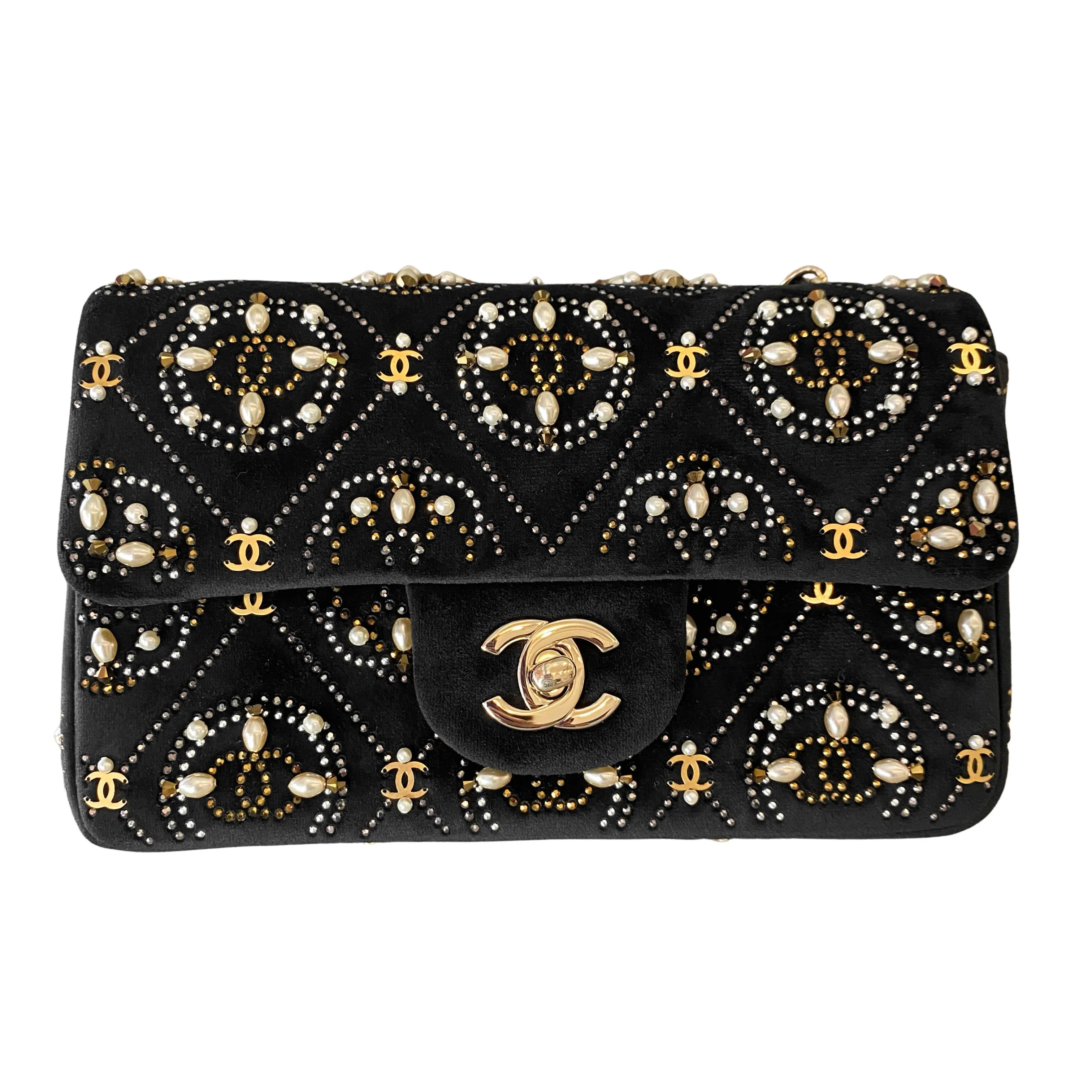 21A Pearl Strass CC Velvet Mini Flap Bag
