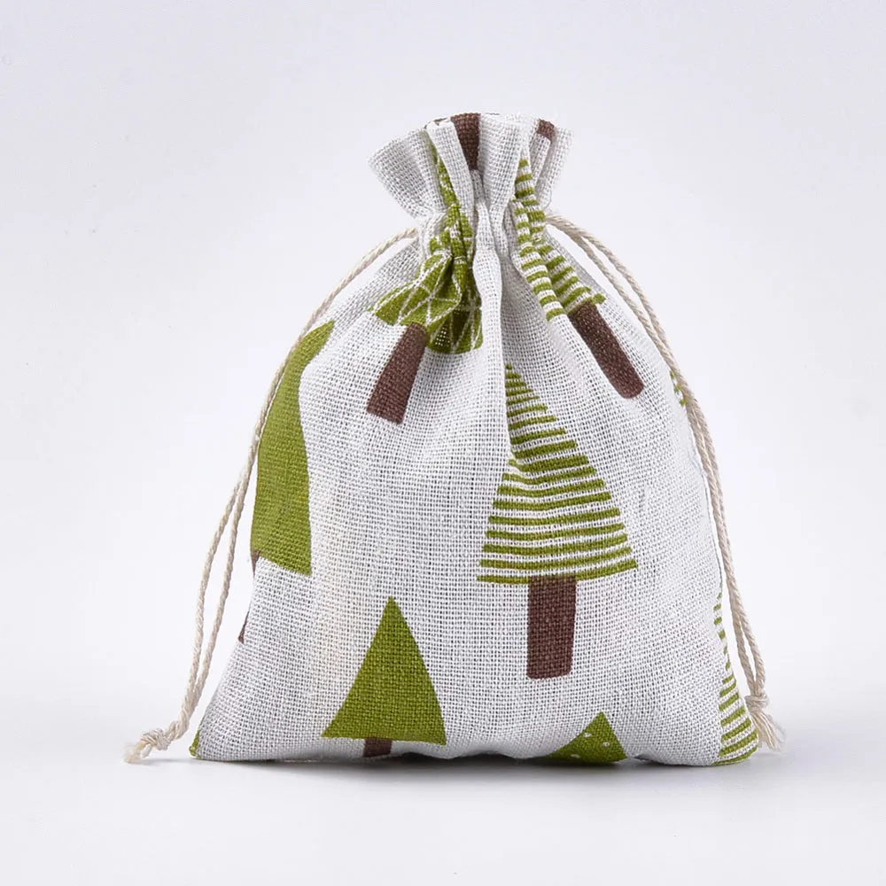 50 pc Polycotton(Polyester Cotton) Packing Pouches Drawstring Bags, with Tree Printed, Colorful, 18x13cm