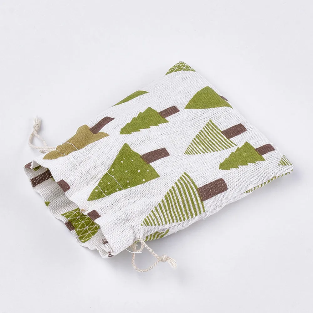 50 pc Polycotton(Polyester Cotton) Packing Pouches Drawstring Bags, with Tree Printed, Colorful, 18x13cm