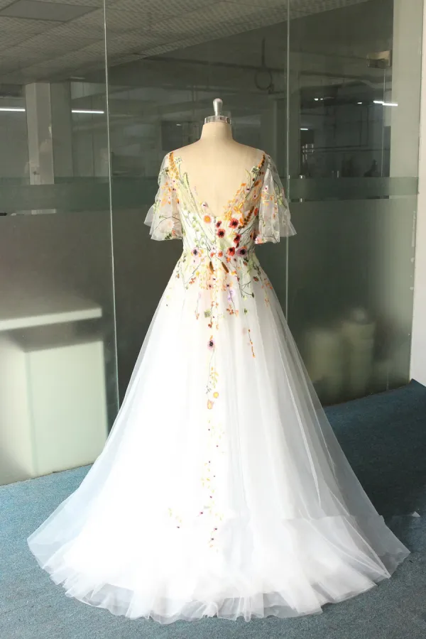 A Line Tulle with Lace Applique Wedding Party Dress, White Tulle Prom Dress APP1014