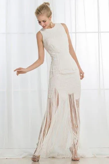 Anneprom A-Line Jewel Ivory Scoop Satin Beading Tassel Sleeveless Appliques Wedding Dresses APW0304