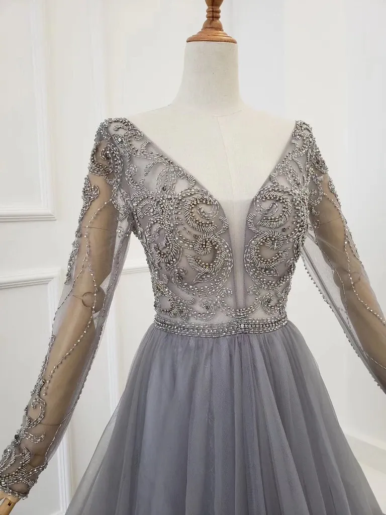 Anneprom A Line Long Sleeves V Neck Grey Beading Prom Dresses APP0370