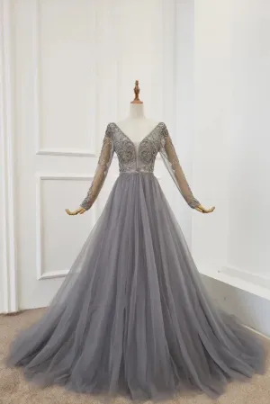 Anneprom A Line Long Sleeves V Neck Grey Beading Prom Dresses APP0370