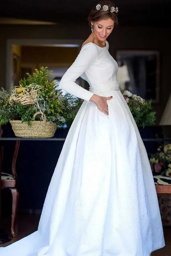 Anneprom A-Line Round Neck Backless Satin Wedding Dress With Sleeves APW0206