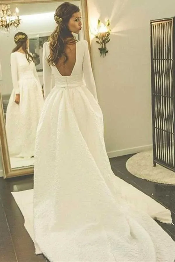 Anneprom A-Line Round Neck Backless Satin Wedding Dress With Sleeves APW0206