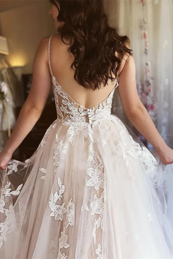 Anneprom A Line Spaghetti Straps Applique Wedding Dress Backless Tulle Bridal Dress APW0391