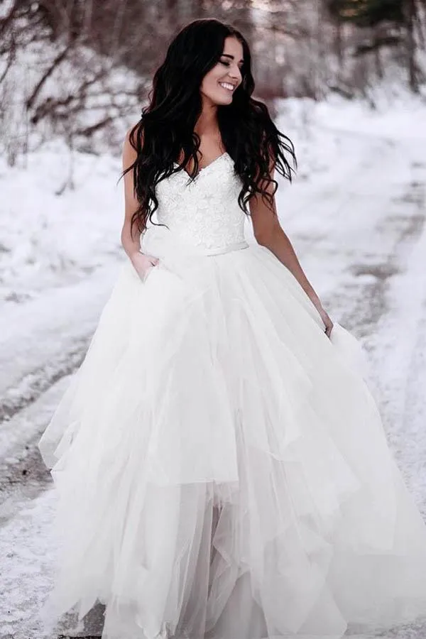 Anneprom A-Line Spaghetti Straps Asymetrical Wedding Dress With Lace APW0190