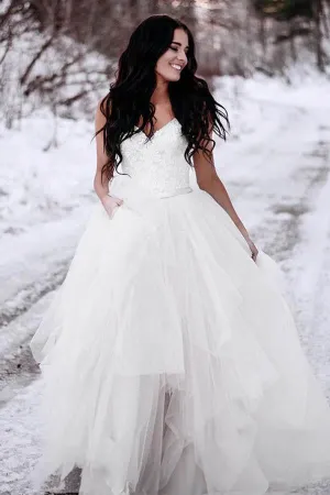 Anneprom A-Line Spaghetti Straps Asymetrical Wedding Dress With Lace APW0190