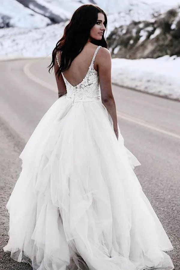 Anneprom A-Line Spaghetti Straps Asymetrical Wedding Dress With Lace APW0190