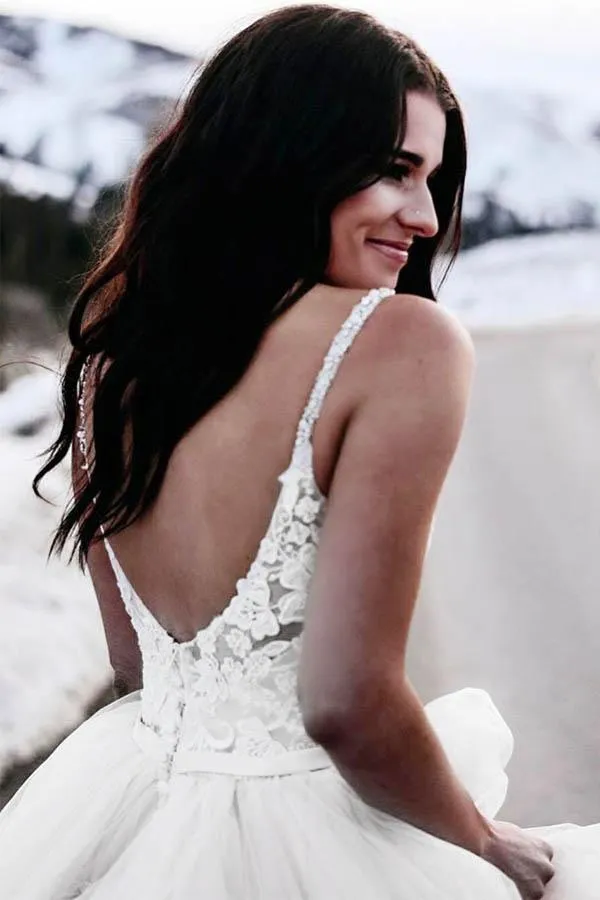 Anneprom A-Line Spaghetti Straps Asymetrical Wedding Dress With Lace APW0190