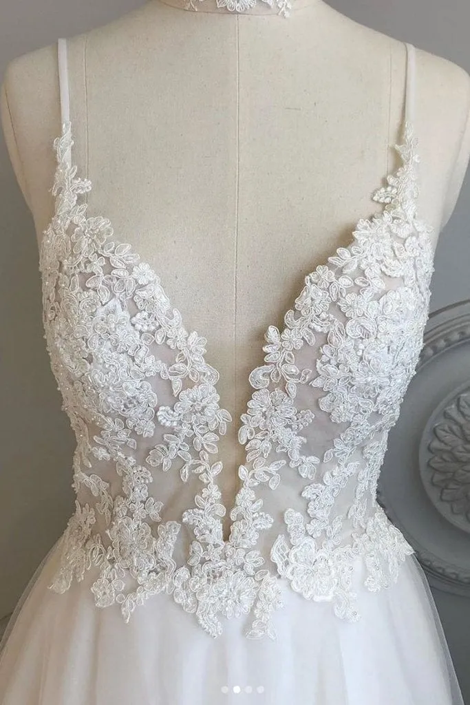 Anneprom A Line Spaghetti Straps Beach Wedding Dresses Lace Wedding Gowns APW0276