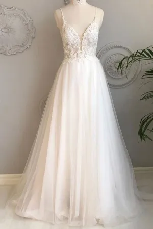 Anneprom A Line Spaghetti Straps Beach Wedding Dresses Lace Wedding Gowns APW0276