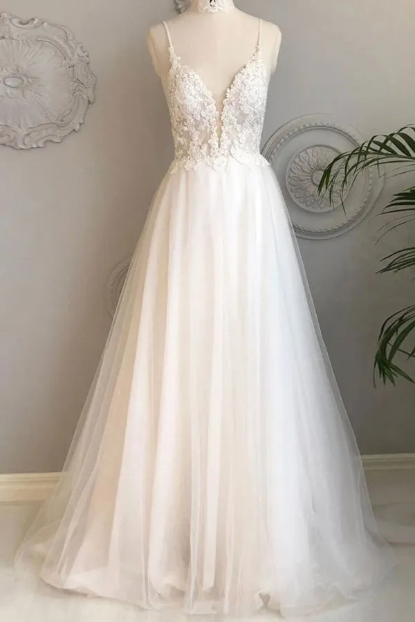 Anneprom A Line Spaghetti Straps Beach Wedding Dresses Lace Wedding Gowns APW0276