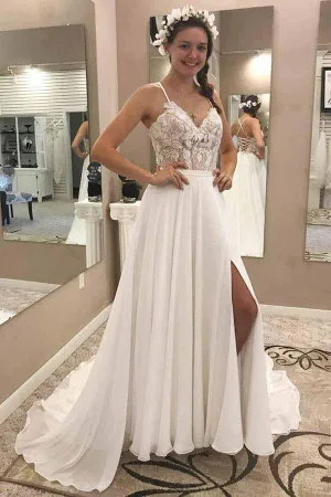 Anneprom A-Line Spaghetti Straps Chiffon Wedding Dress With Lace Split APW0198