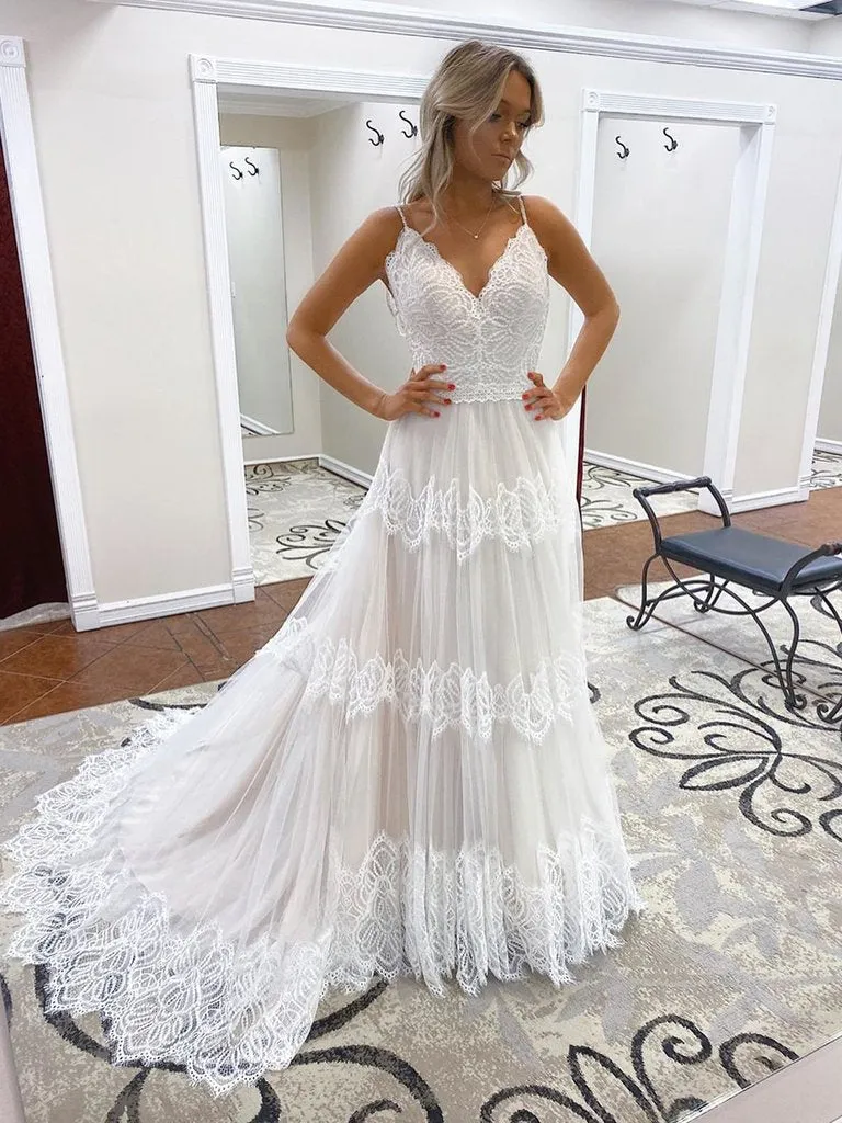 Anneprom A-line Spaghetti Straps Lace Bridal Gonws Rustic Wedding Dress APW0326