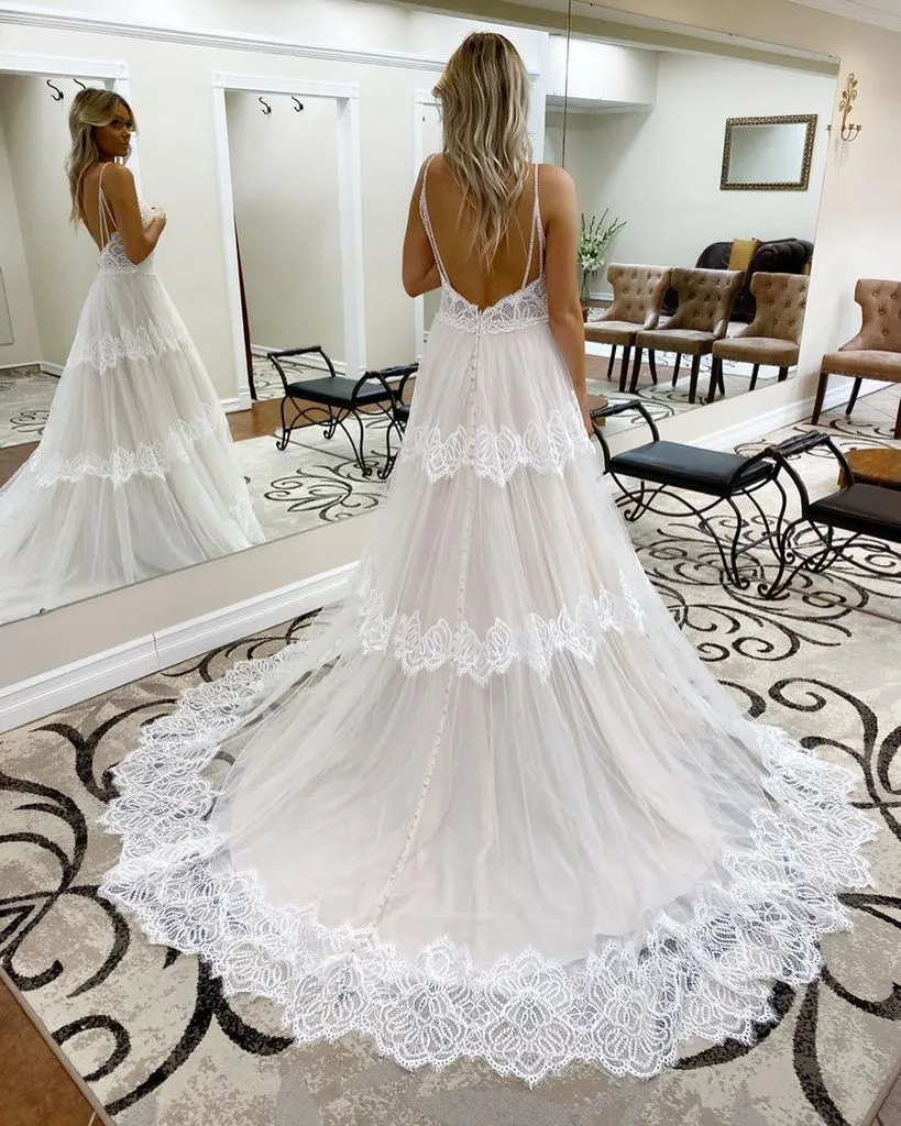 Anneprom A-line Spaghetti Straps Lace Bridal Gonws Rustic Wedding Dress APW0326