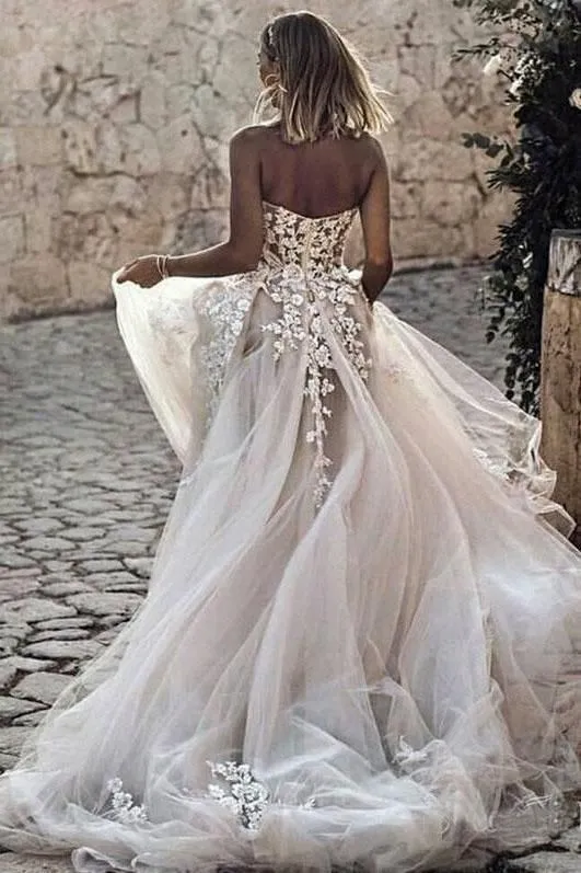 Anneprom  A-Line Sweetheart Floor-Length Tulle Lace Applique Ivory Wedding Dress APW0348