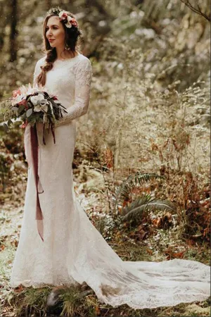 Anneprom Beautiful Lace Mermaid Round Neck Long Sleeves Wedding Dresses APW0351