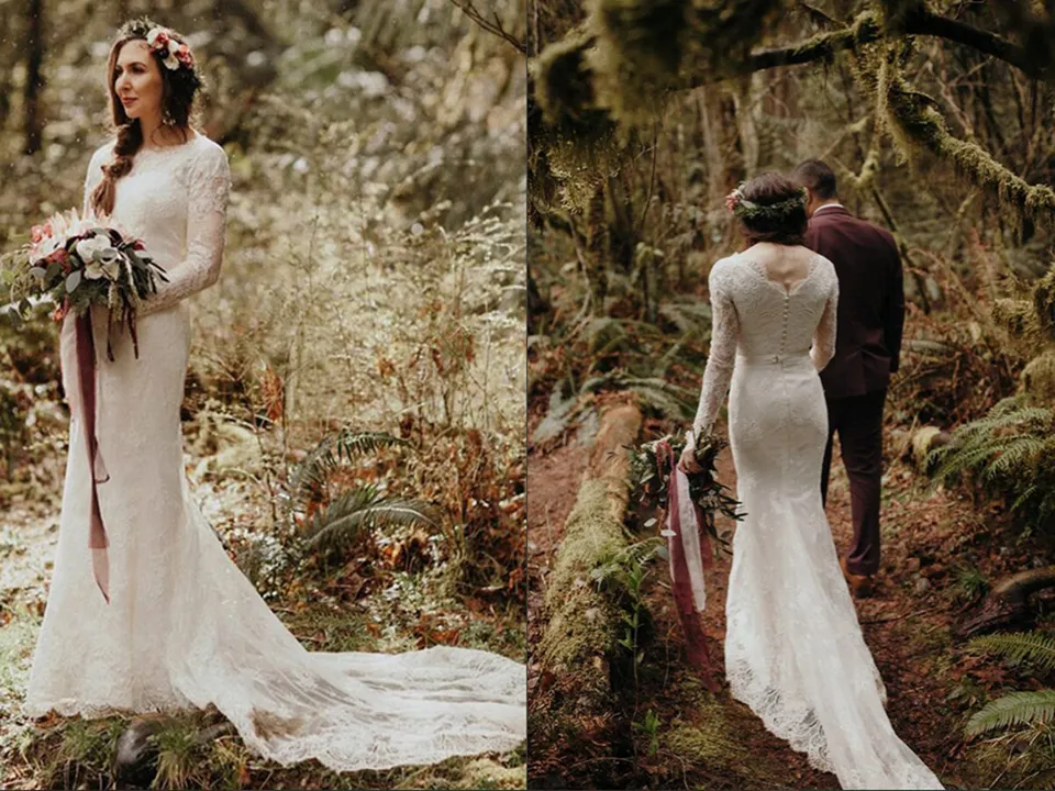 Anneprom Beautiful Lace Mermaid Round Neck Long Sleeves Wedding Dresses APW0351