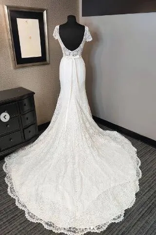 Anneprom Eroidered Lace Cap Sleeves Gown with Satin Belt Wedding Dress with Open Back APW0292
