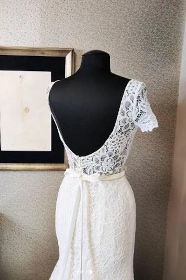 Anneprom Eroidered Lace Cap Sleeves Gown with Satin Belt Wedding Dress with Open Back APW0292