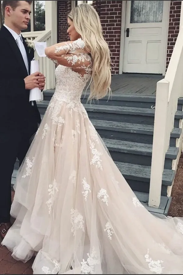 Anneprom Gorgeous Lace A line V neck Long Sleeves Wedding Dresses with Train APW0350