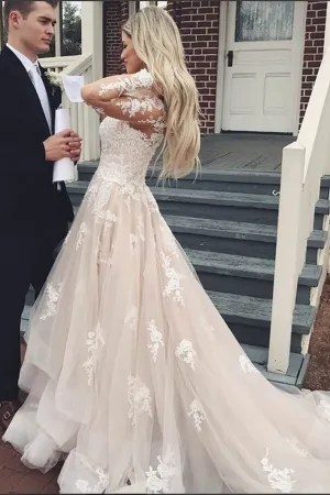 Anneprom Gorgeous Lace A line V neck Long Sleeves Wedding Dresses with Train APW0350