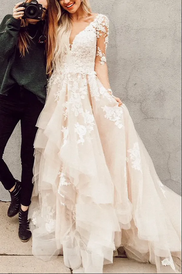 Anneprom Gorgeous Lace A line V neck Long Sleeves Wedding Dresses with Train APW0350