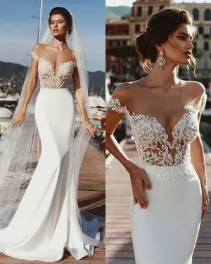 Anneprom Mermaid Cap Sleeves Sheer Neck Long Wedding Dress APW0256