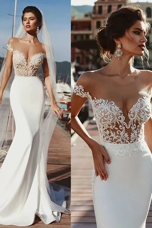 Anneprom Mermaid Cap Sleeves Sheer Neck Long Wedding Dress APW0256