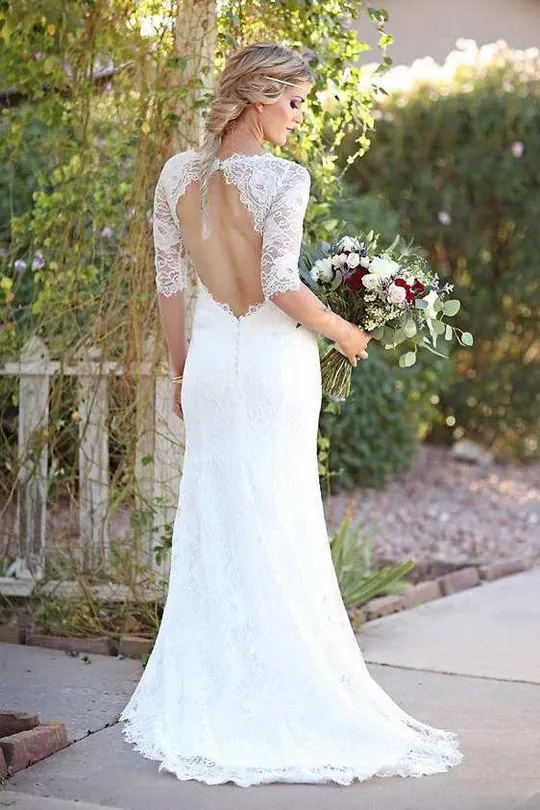 Anneprom Mermaid Half Sleeve Lace Wedding Dress With Cathedral Train  APW0353